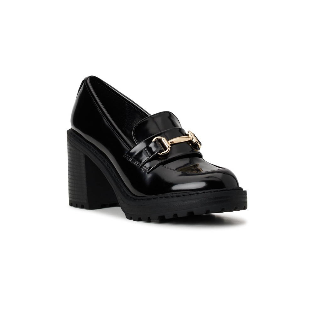 Steve Madden Glossy Black Loafers with Gold Detail